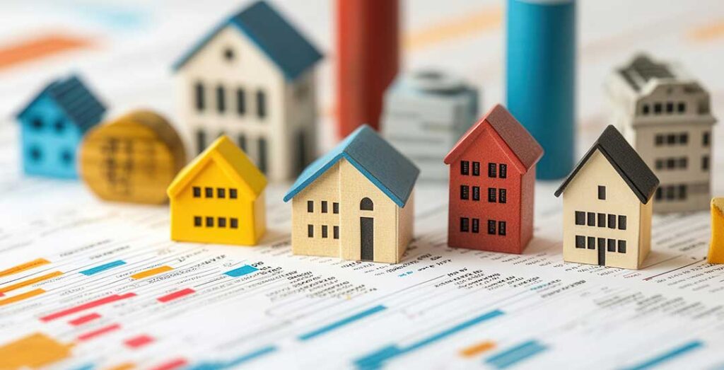 A couple sits at a kitchen table reviewing paperwork and talking with a professional holding real estate documents.