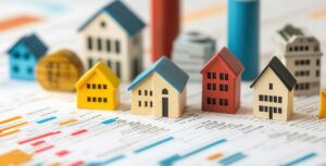 A couple sits at a kitchen table reviewing paperwork and talking with a professional holding real estate documents.