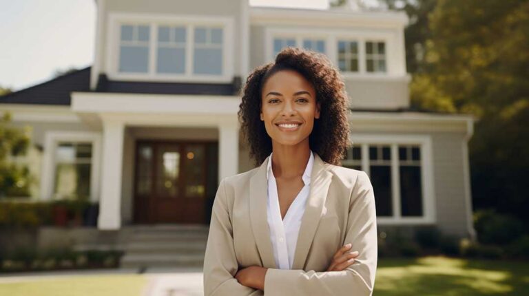 Homeowner reviewing insurance papers beside a laptop, with a suburban house visible through the window.